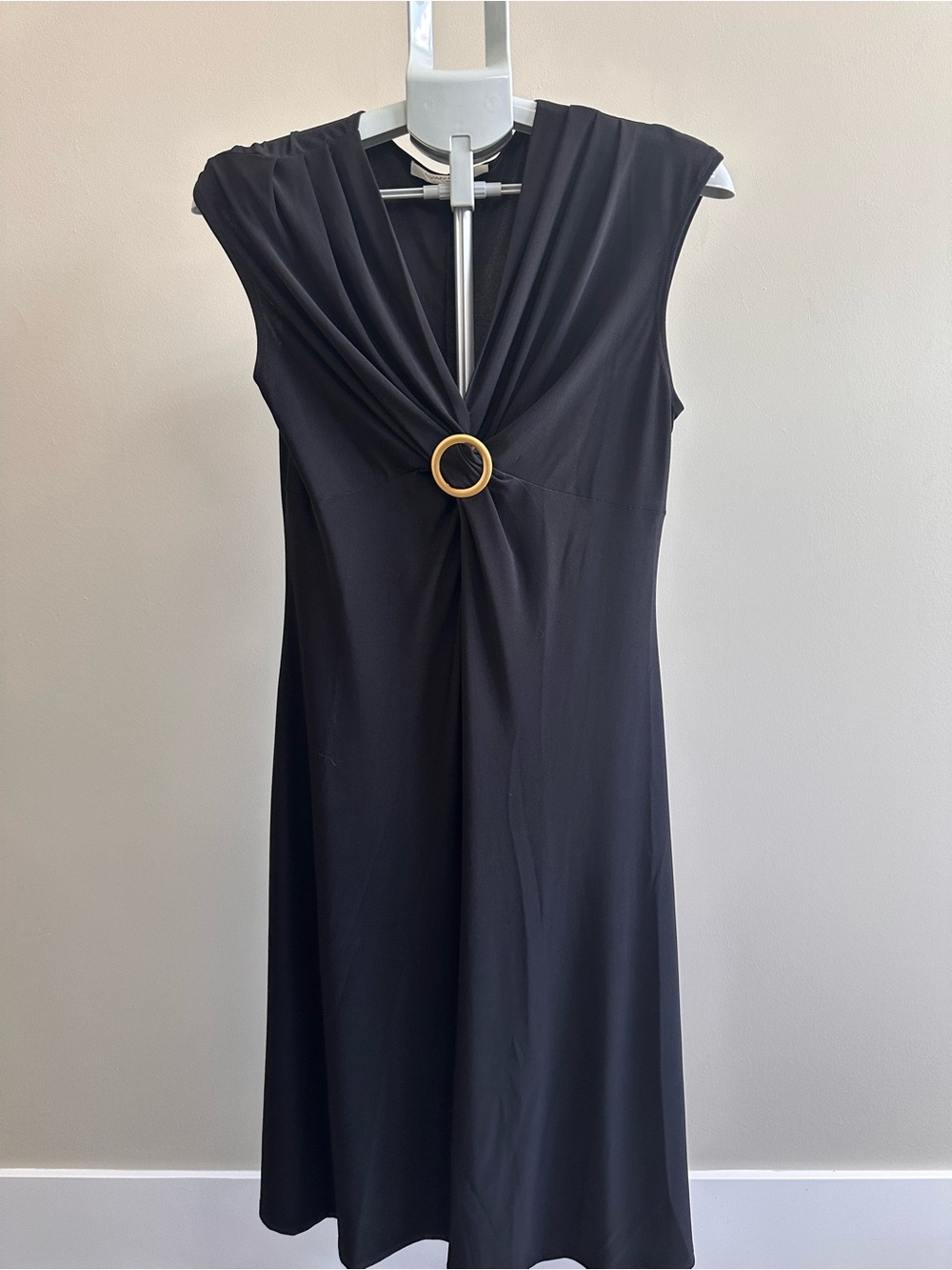 Evan Picone Black Sleeveless Dress with Gold Ring Accent
